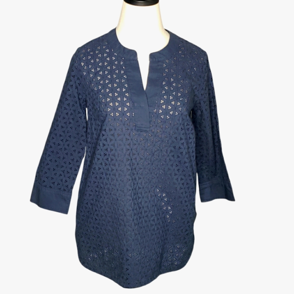 Eyelet Lace Floral Preppy Cotton Casual 3/4 Sleeve Semi Sheer Tunic Top Sz 2